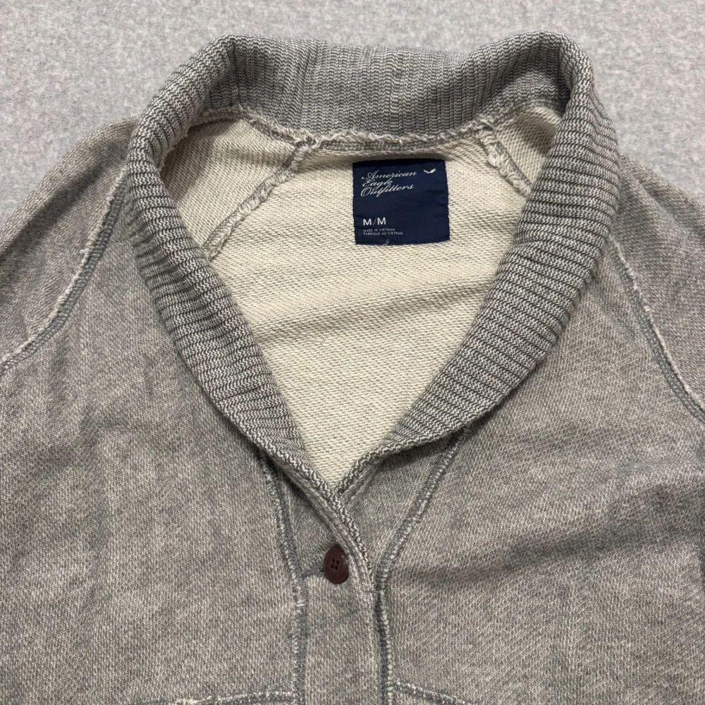 American Eagle Mens Shawl Collar Cardigan Gray Cotton French Terry Sweater M